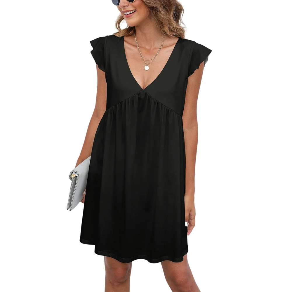 Pink Daisy Black Flutter Sleeve ALine Dress Women & Plus Size M - Picture 1 of 2